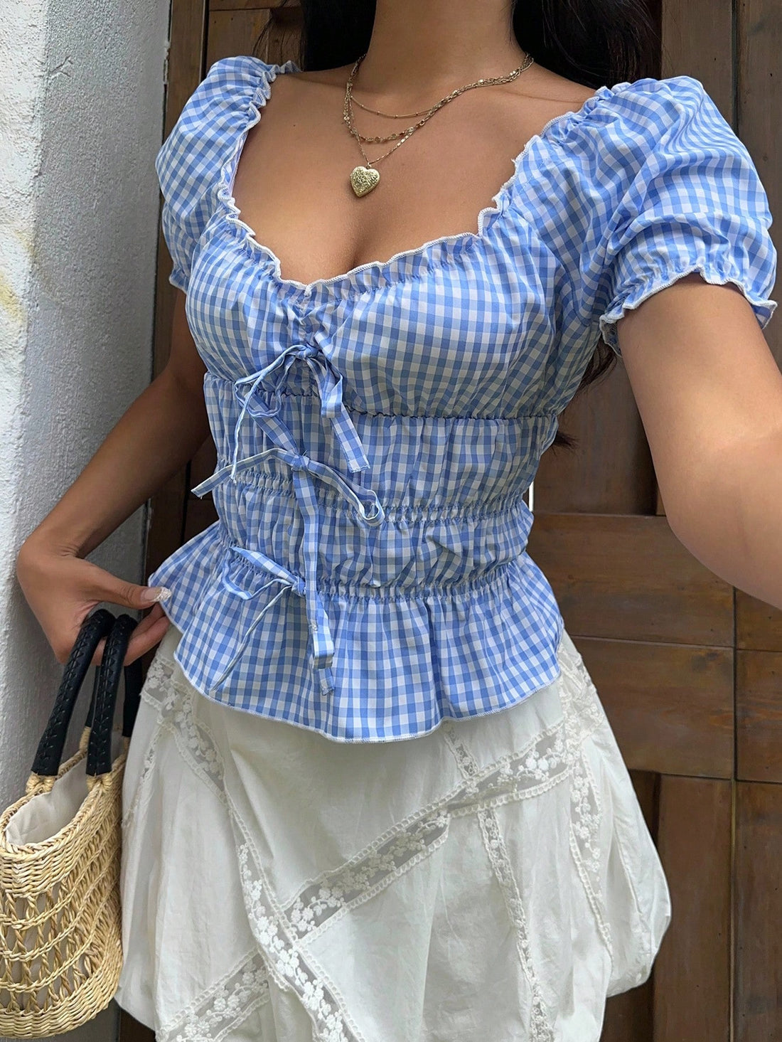 Blue Gingham Puff Sleeve Smocked Peplum Top for Women