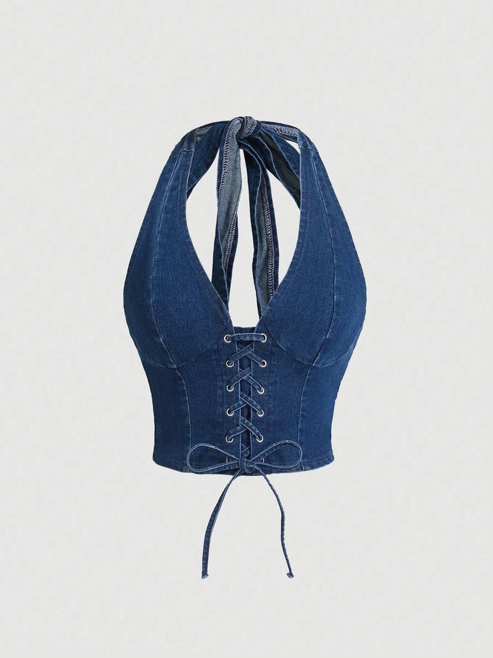 Dark Wash Denim Lace-Up Halter Crop Top for Women