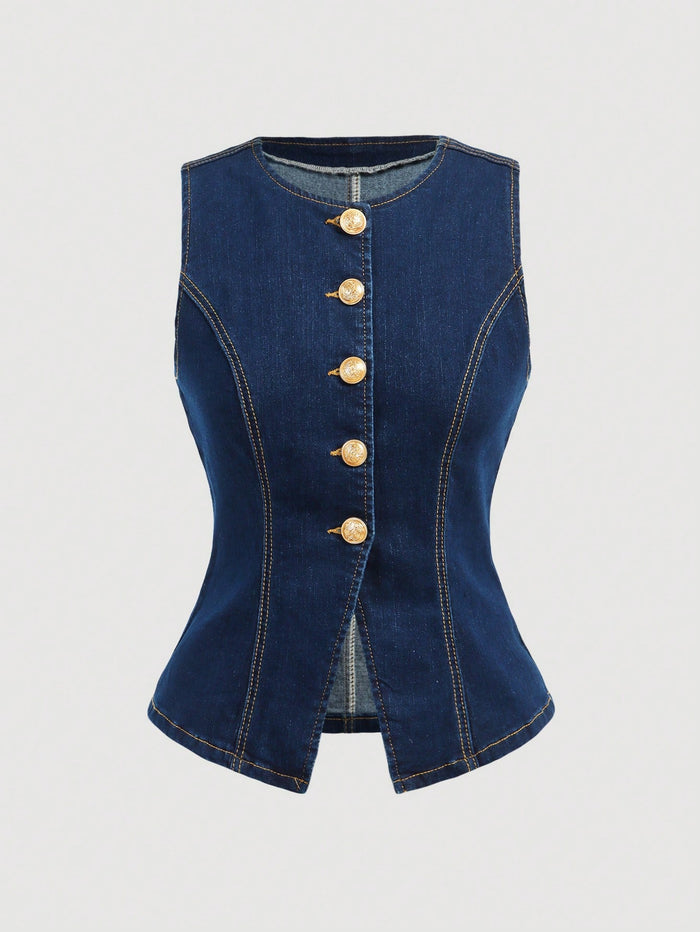 Dark Wash Denim Button Front Vest Top for Women