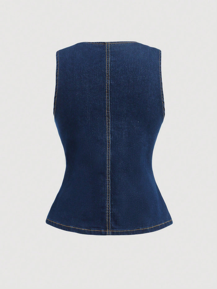 Dark Wash Denim Button Front Vest Top for Women
