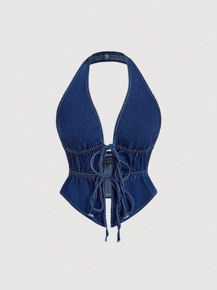 Dark Wash Denim Halter Lace-Up Crop Top for Women