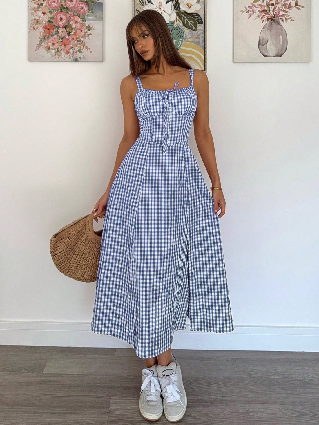 Blue Gingham Button Front Midi Dress for Women – Strappy Fit & Flare Summer Dress