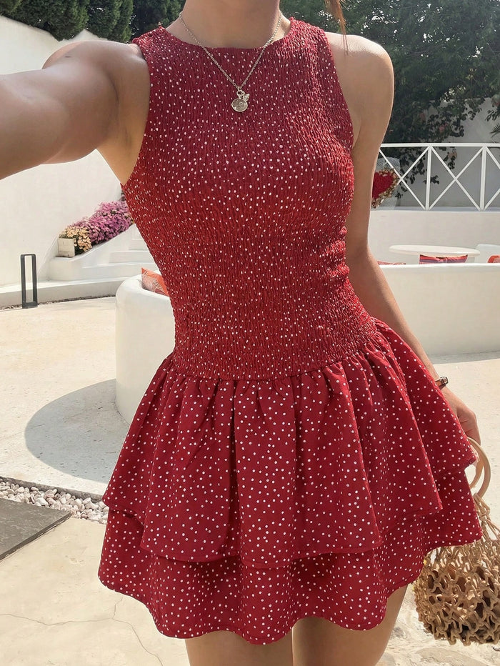 Women Red Polka Dot Smocked Mini Dress