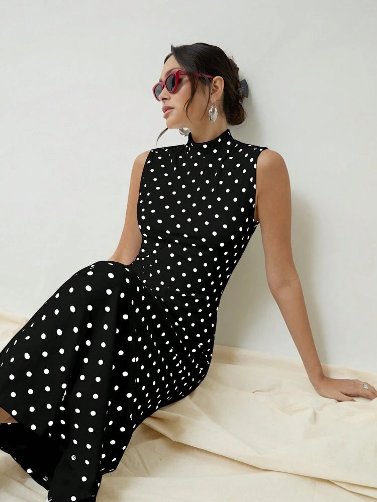 Women Black Polka Dot Sleeveless High Neck Maxi Dress