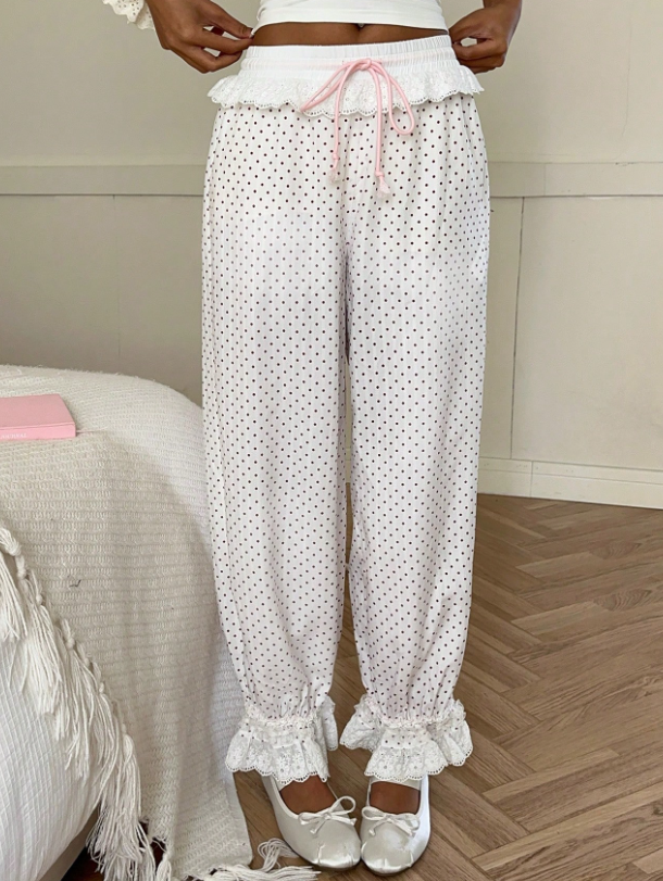 White Polka Dot Ruffle Hem Lounge Pants
