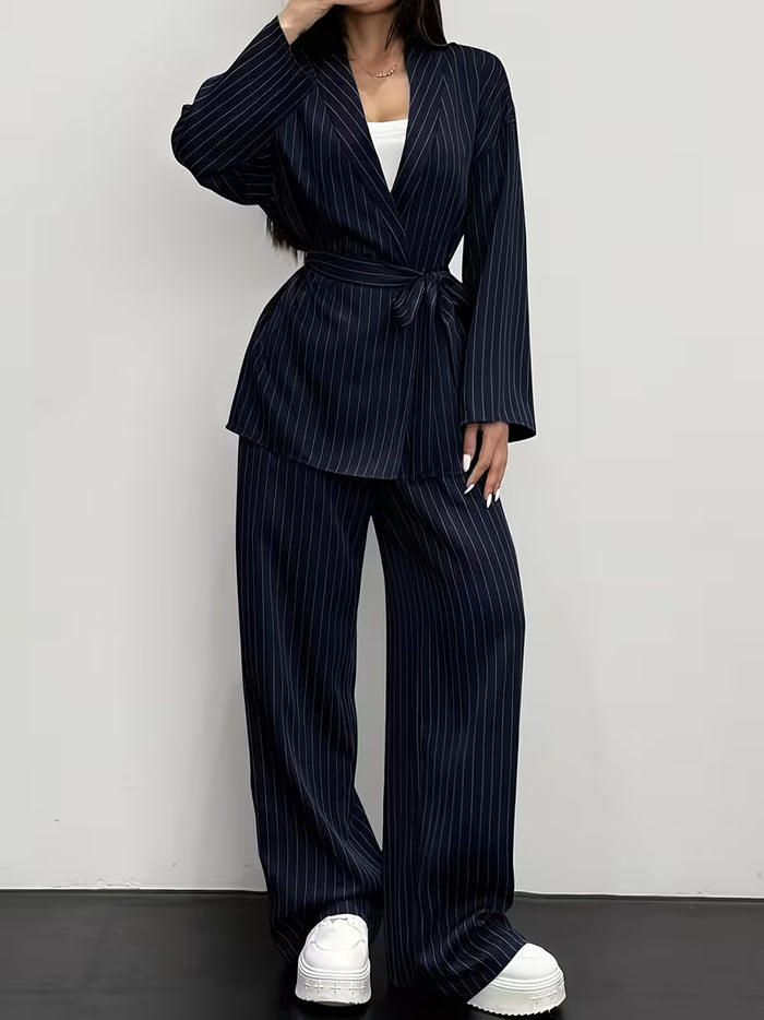 Women's Navy Pinstripe Wrap Blazer & Wide-Leg Trouser Co-Ord Set