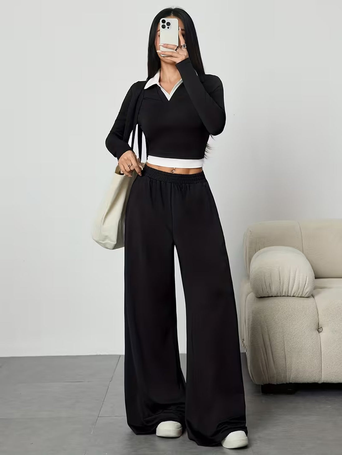 Black Contrast Trim Long Sleeve Cropped Polo & Wide Leg Trouser Co-ord Set