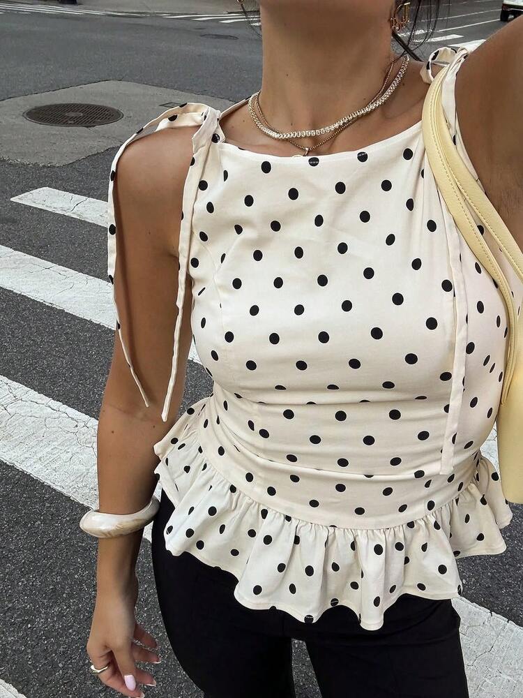 Women Cream Polka Dot Sleeveless Peplum Top with Tie-Up Straps