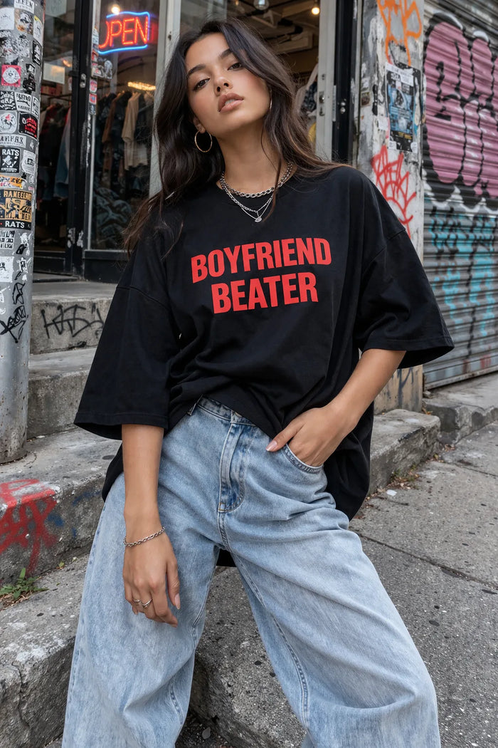Boyfriend Beater Oversized T-Shirt for Women – Black Streetwear Graphic Tee