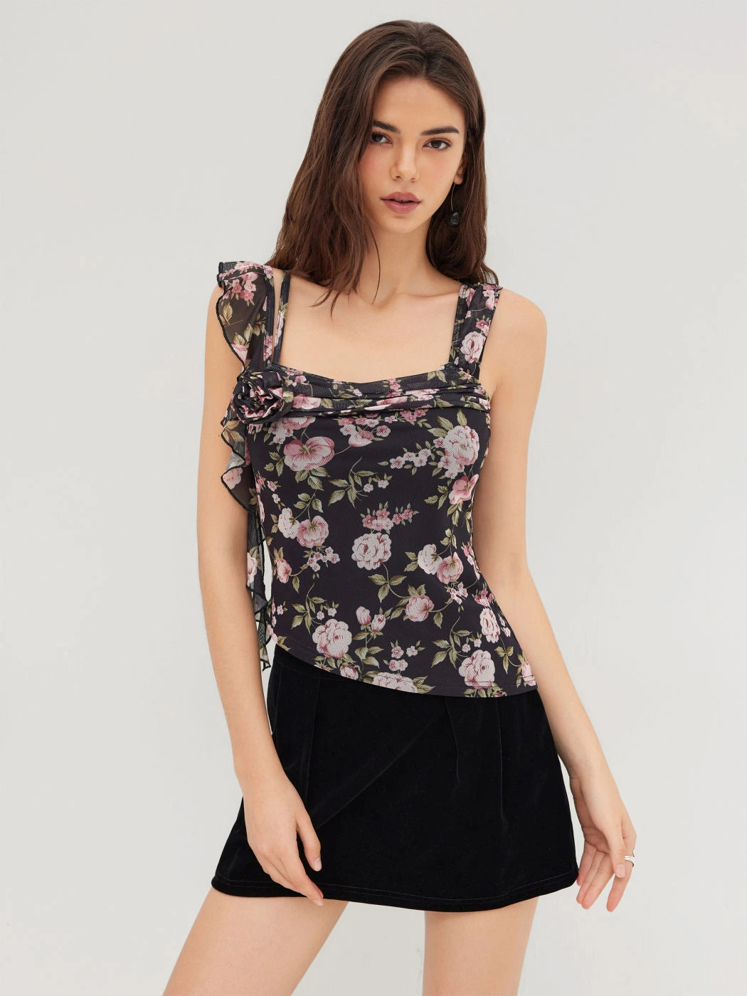 Black Floral Mesh Ruched Top with Straps and Ruffle Detail