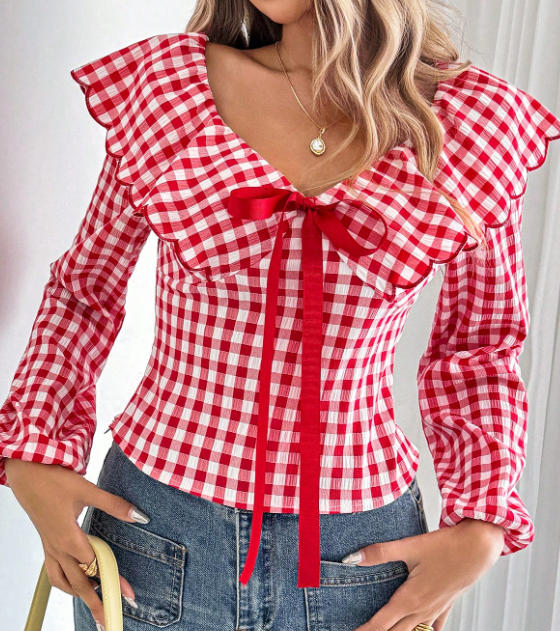 Cherry Gingham Ruffle Bow Top