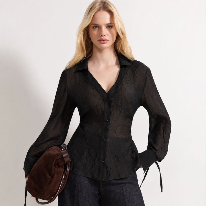 Black Sheer Button-Down Top