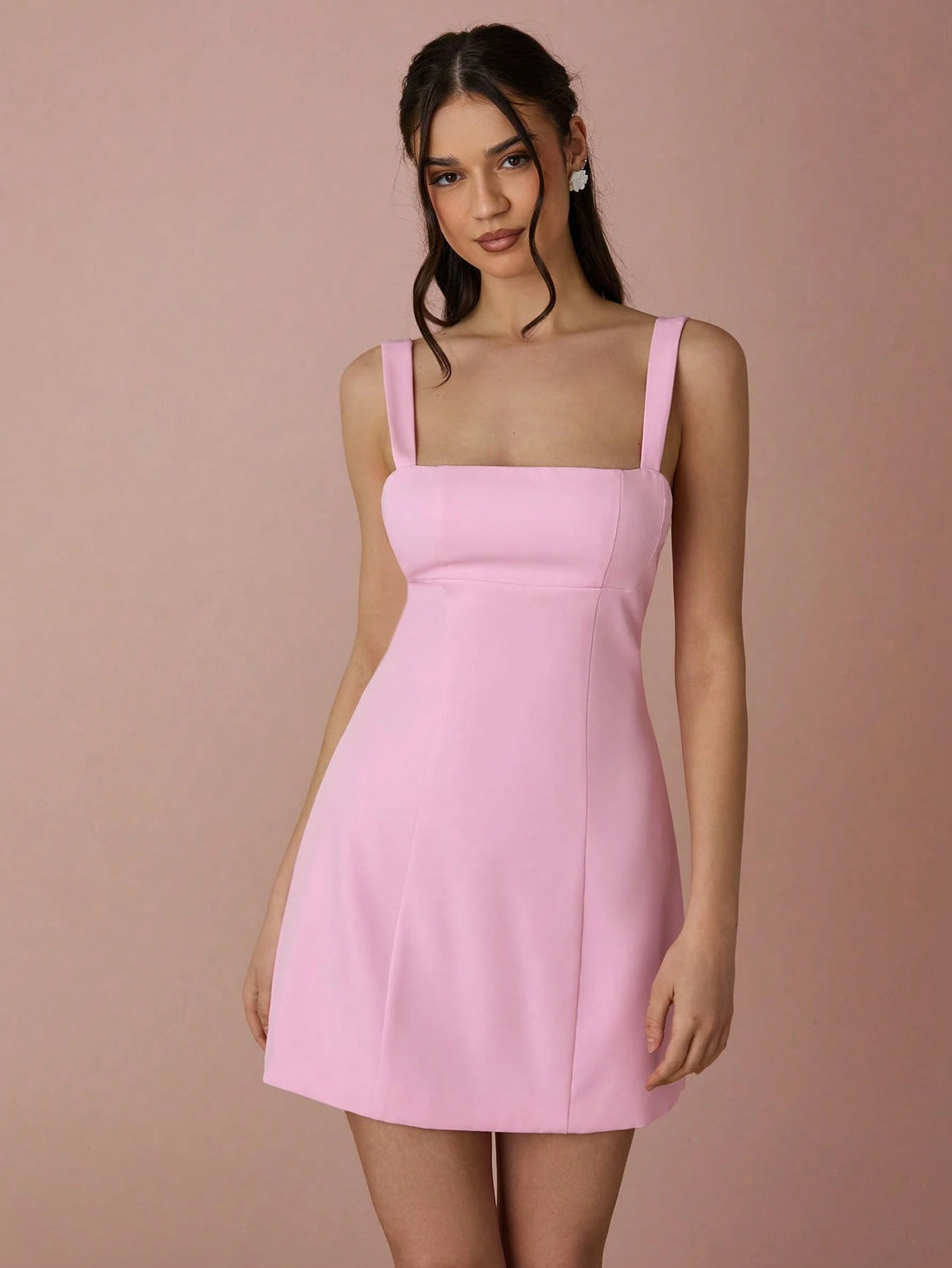 Pink Square-Neck Mini Dress with Bow-Tie Back Detail