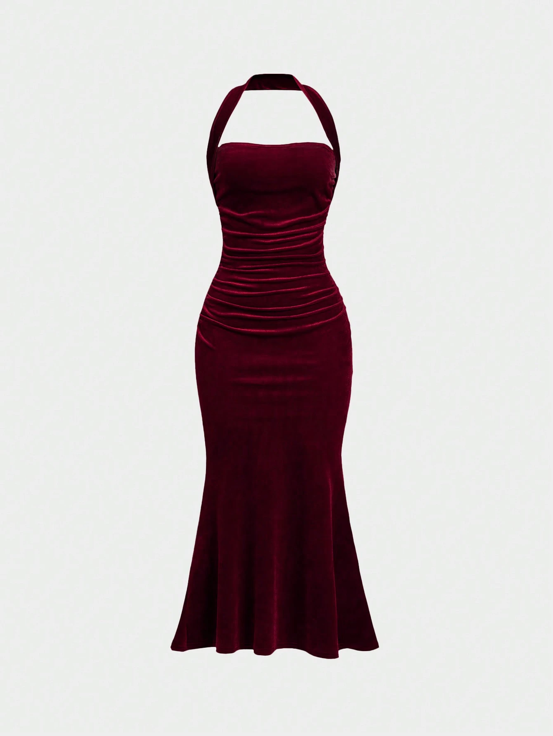 Burgundy Velvet Halter Neck Ruched Maxi Dress