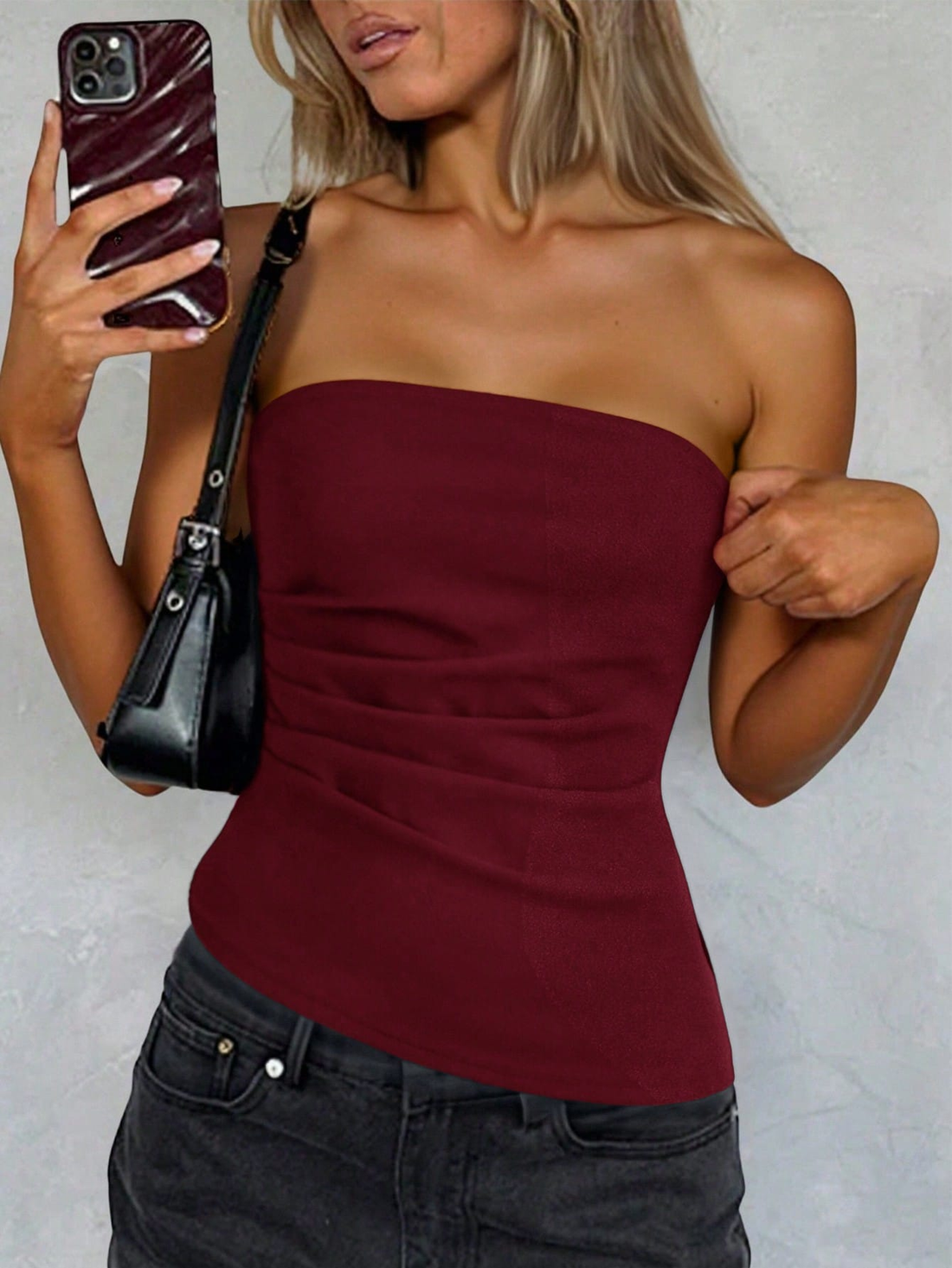 Wine Strapless Sculpted Tube Top