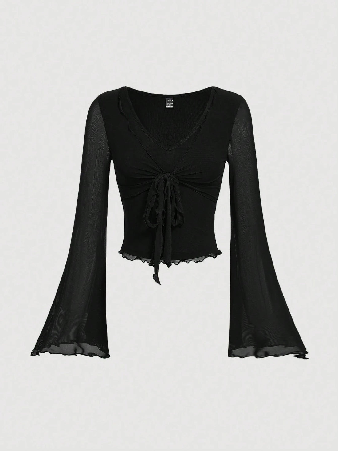 Noir Tie-Front Sheer Sleeve Crop Top