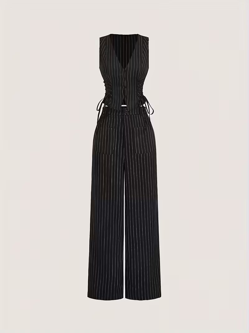 Black Pinstripe Co-Ord Set with Corset Style Top & Wide Leg Pants