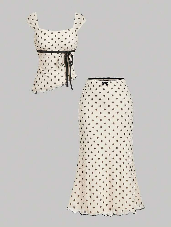 Women Cream Polka Dot Top & Skirt Co-Ord Set with Tie-Up Detail