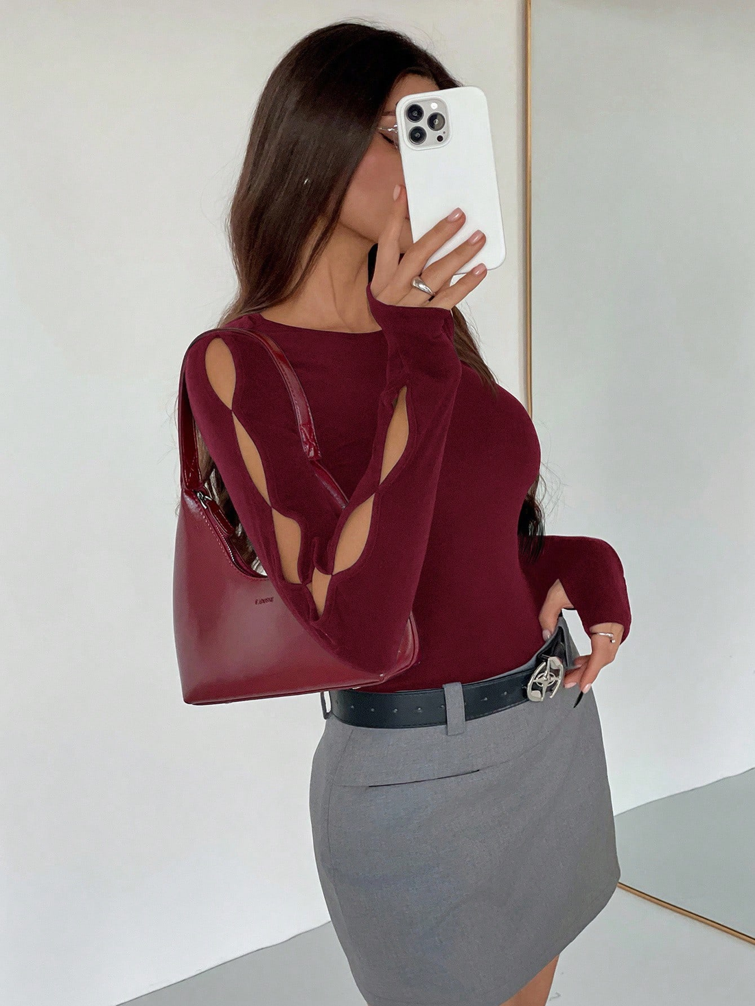 Wine Cut-Out Sleeve Fitted Top
