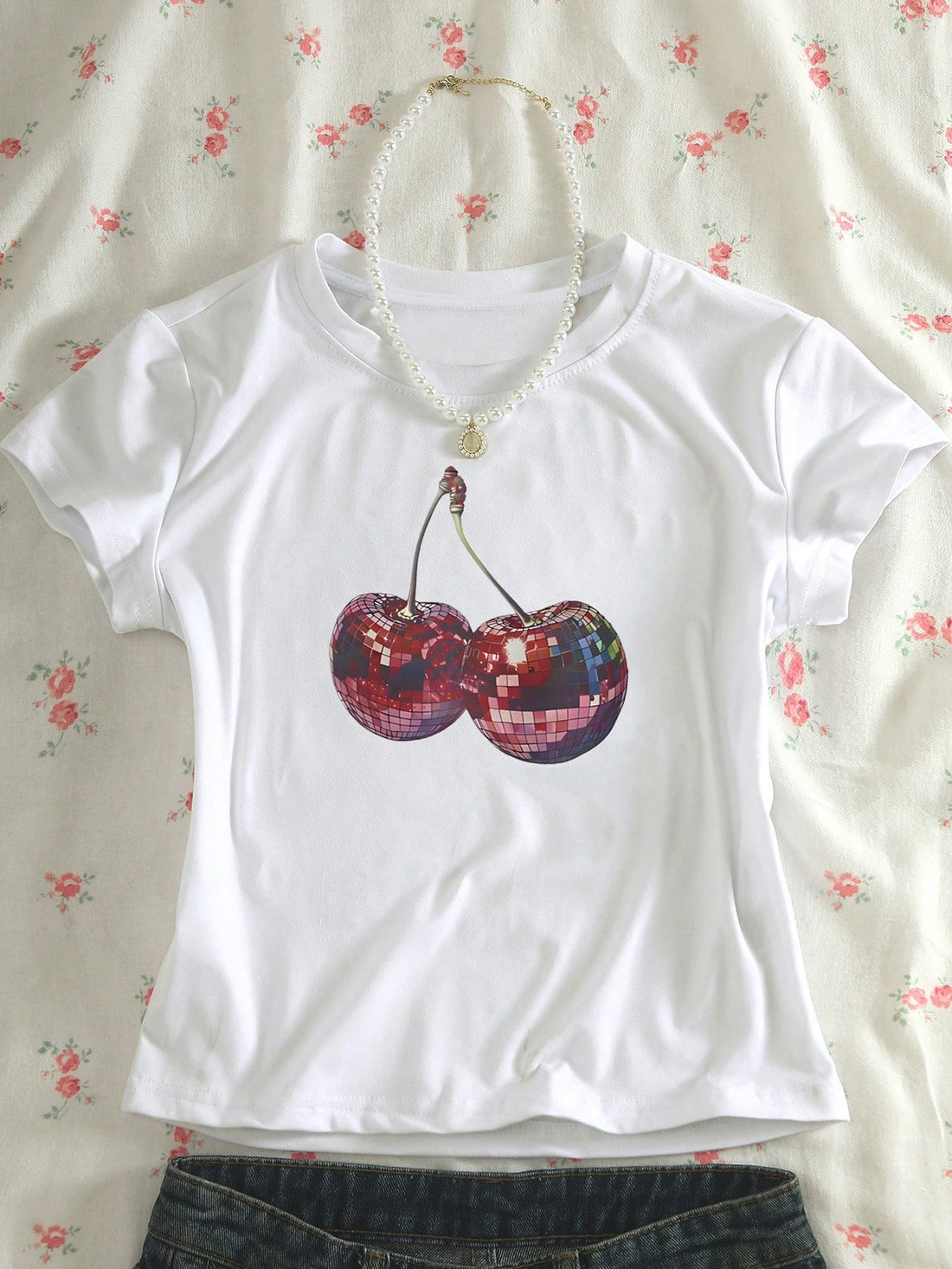 Disco Cherry Graphic White Crop T-Shirt