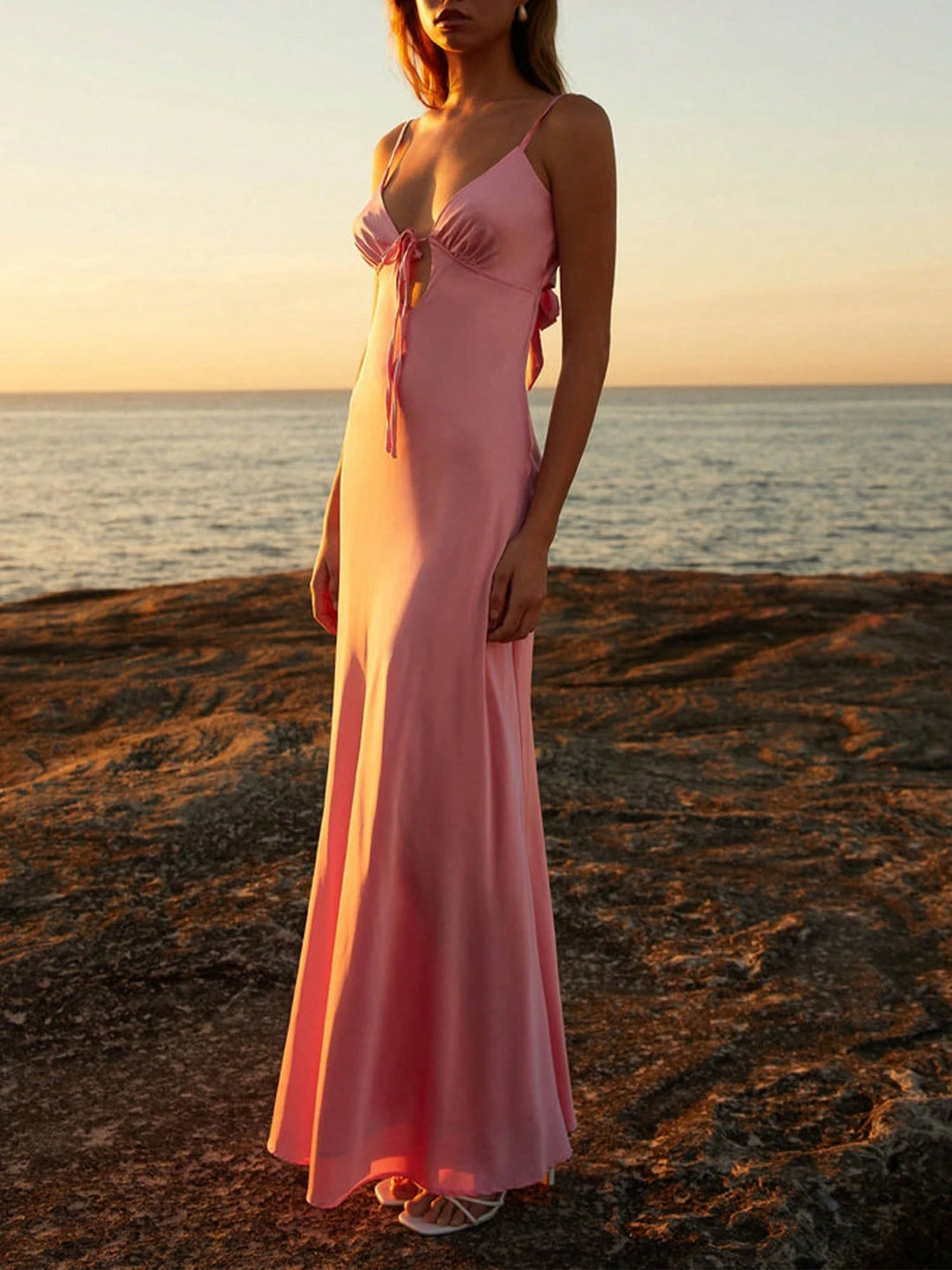 Baby Pink Tie-Up Back Maxi Dress with Front Cut-Out Detail