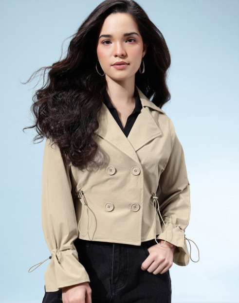 Beige Cropped Double-Breasted Tie-Detail Jacket