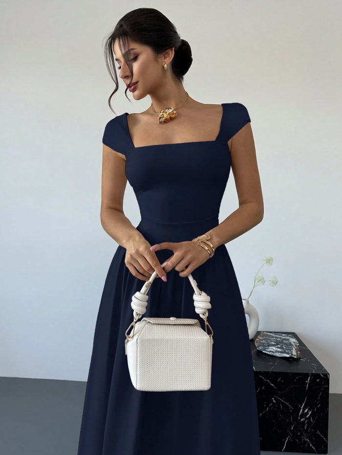 Navy Blue Square Neck Fit & Flare Maxi Dress