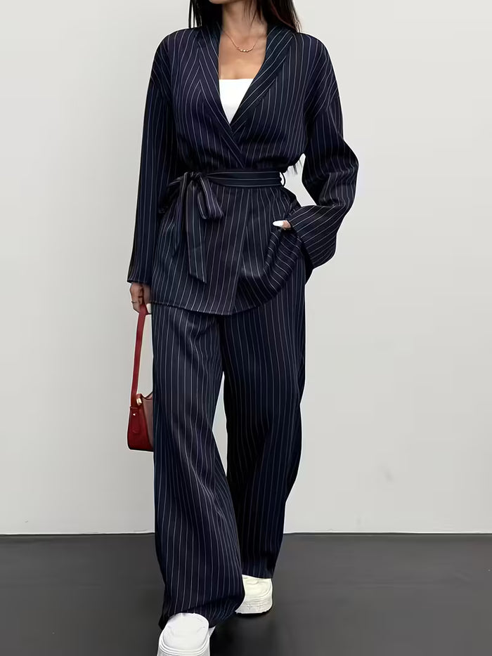 Women's Navy Pinstripe Wrap Blazer & Wide-Leg Trouser Co-Ord Set