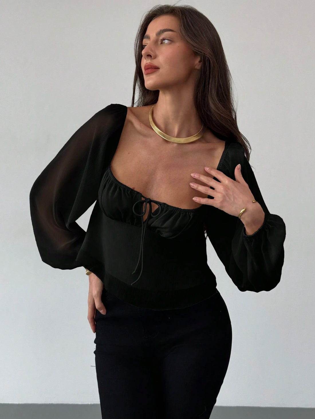 Women's Black Square Neck Sheer Bishop Sleeve Tie-Front Top