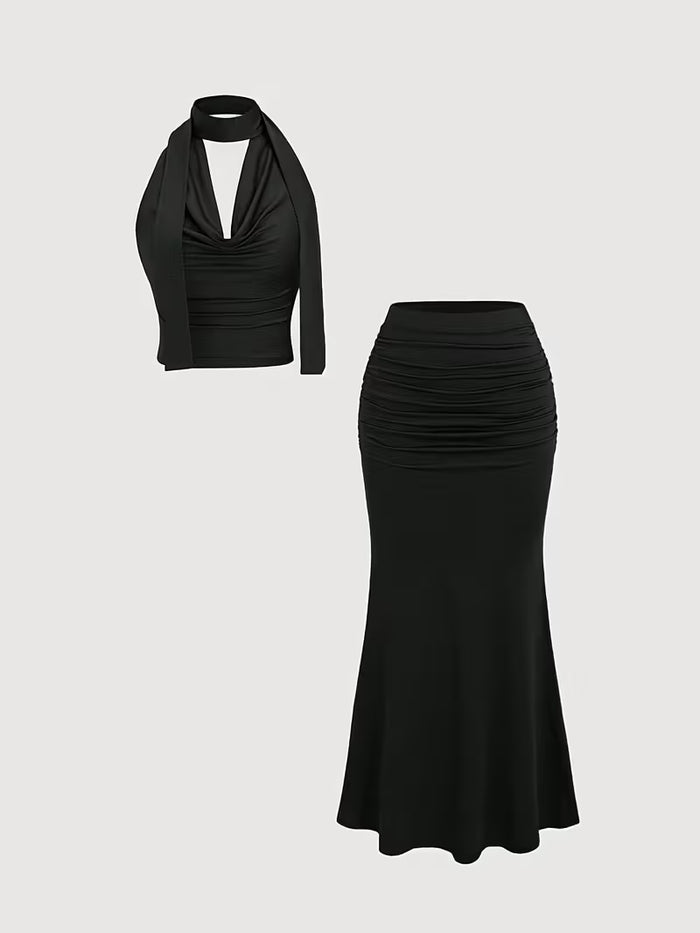 Women's Black Halter Neck Top & Ruched Mermaid Skirt Co-Ord Set