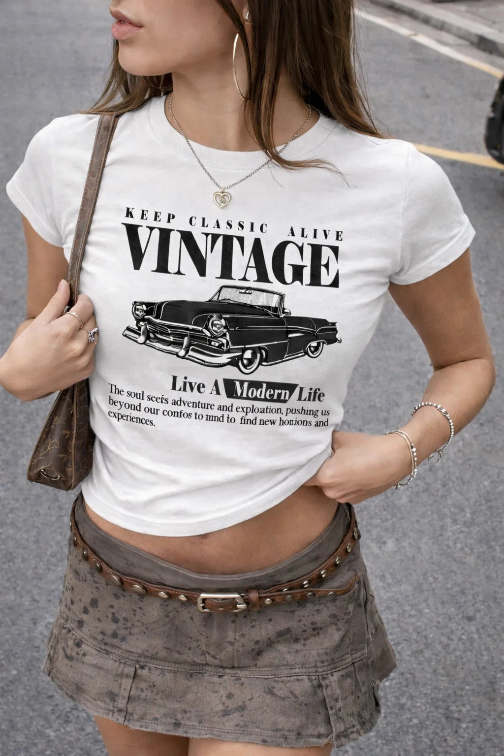 White Vintage Car Graphic Crop T-Shirt