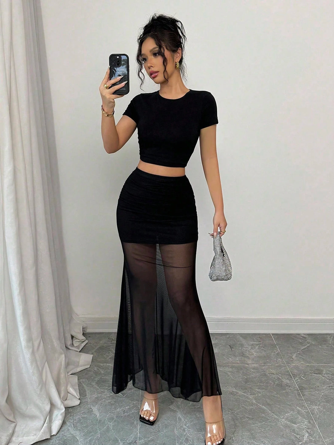 Black Crop Top & Sheer Mesh Skirt Co-Ord Set
