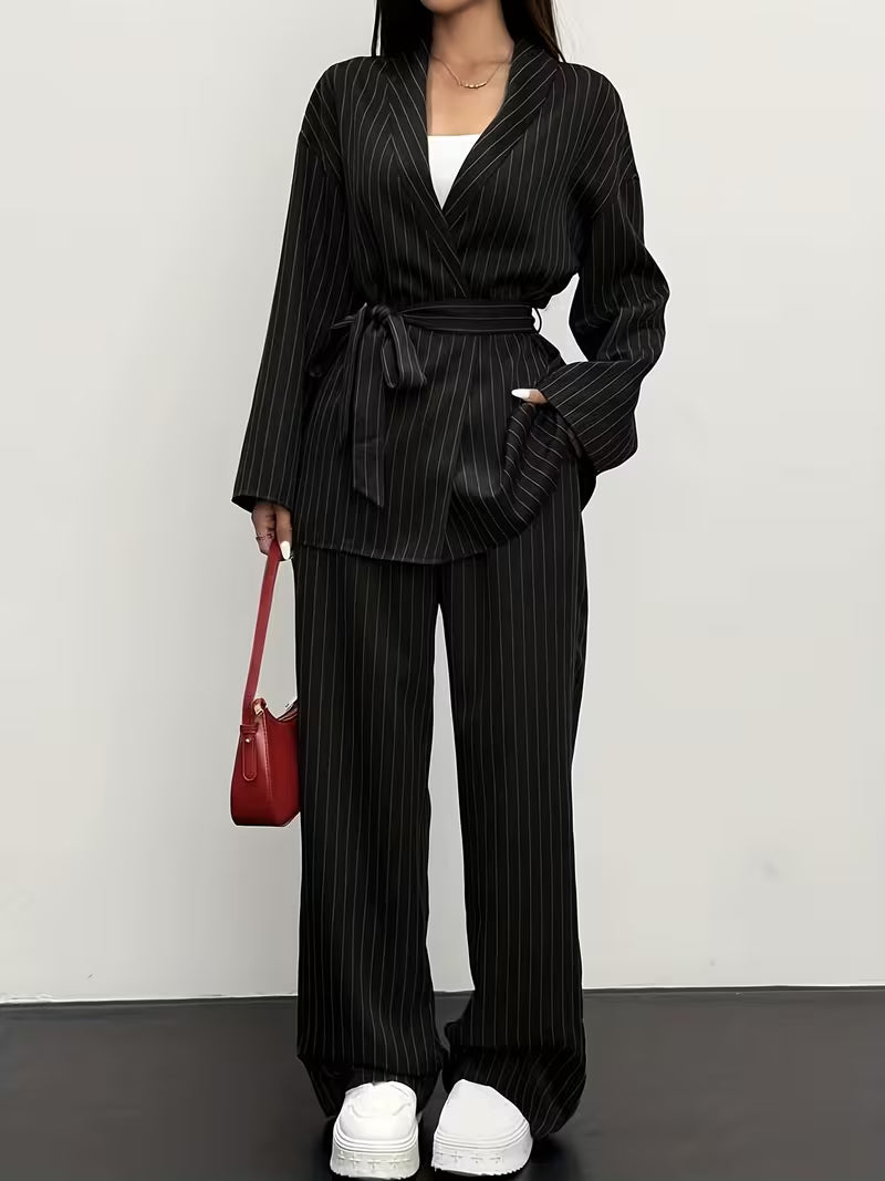 Women's Black Pinstripe Wrap Blazer & Wide-Leg Trouser Co-Ord Set
