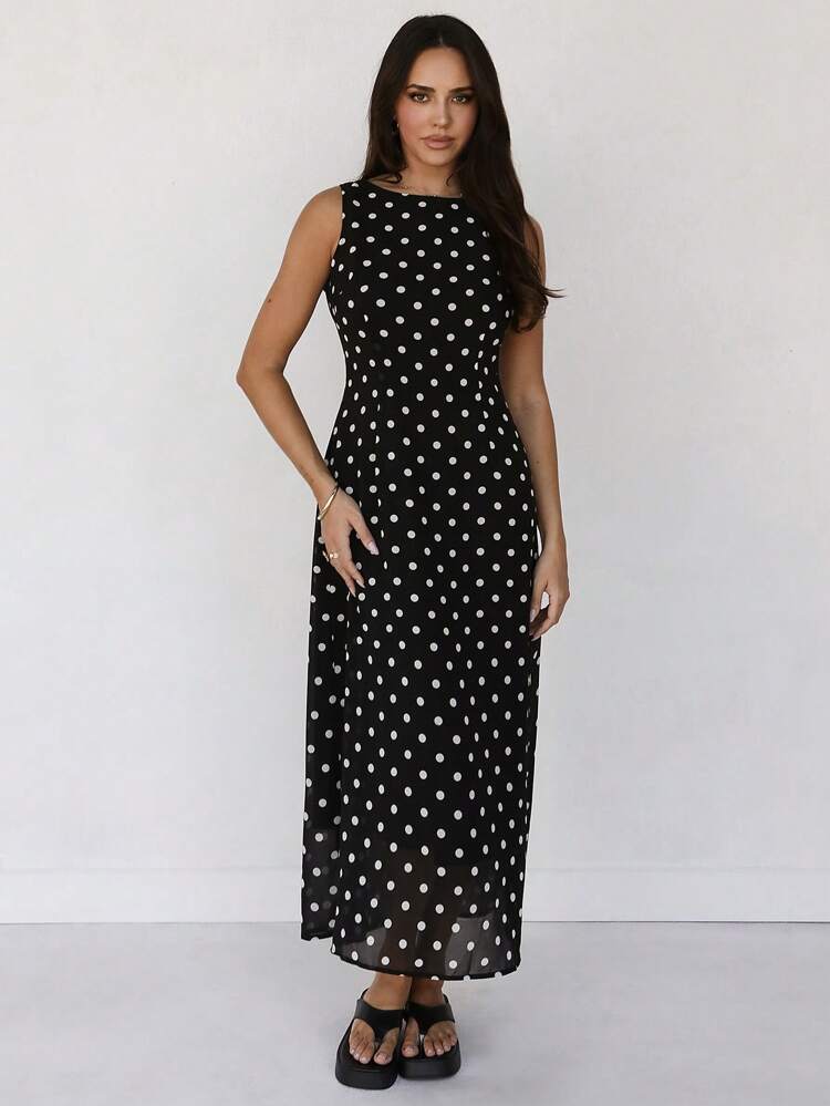 Women Black Polka Dot Sleeveless Straight Fit Maxi Dress