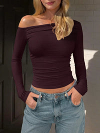 Women's Off Shoulder Ruched Long Sleeve Crop Top – Slim Fit Party & Casual Top