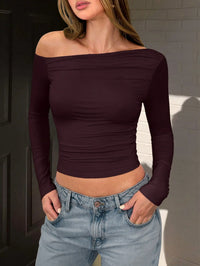 Women's Off Shoulder Ruched Long Sleeve Crop Top – Slim Fit Party & Casual Top
