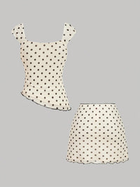Asymmetric Hem Top & Mini Skirt With Polka Dot