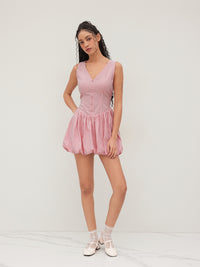 Pink Gingham Bubble Hem Mini Dress for Women – Sleeveless V-Neck Summer Fit & Flare Dress