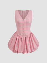 Pink Gingham Bubble Hem Mini Dress for Women – Sleeveless V-Neck Summer Fit & Flare Dress