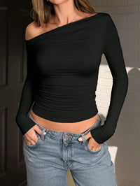 Women's Off Shoulder Ruched Long Sleeve Crop Top – Slim Fit Party & Casual Top