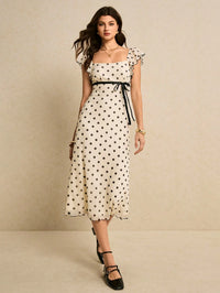 Vintage-Inspired Polka Dot Flutter-Sleeve Midi Dress