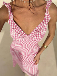 Elegant Ruffle Trim Plaid Sleeveless Dress