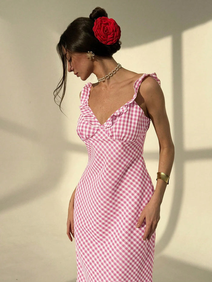 Elegant Ruffle Trim Plaid Sleeveless Dress
