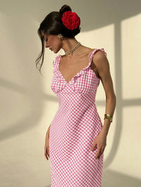 Elegant Ruffle Trim Plaid Sleeveless Dress