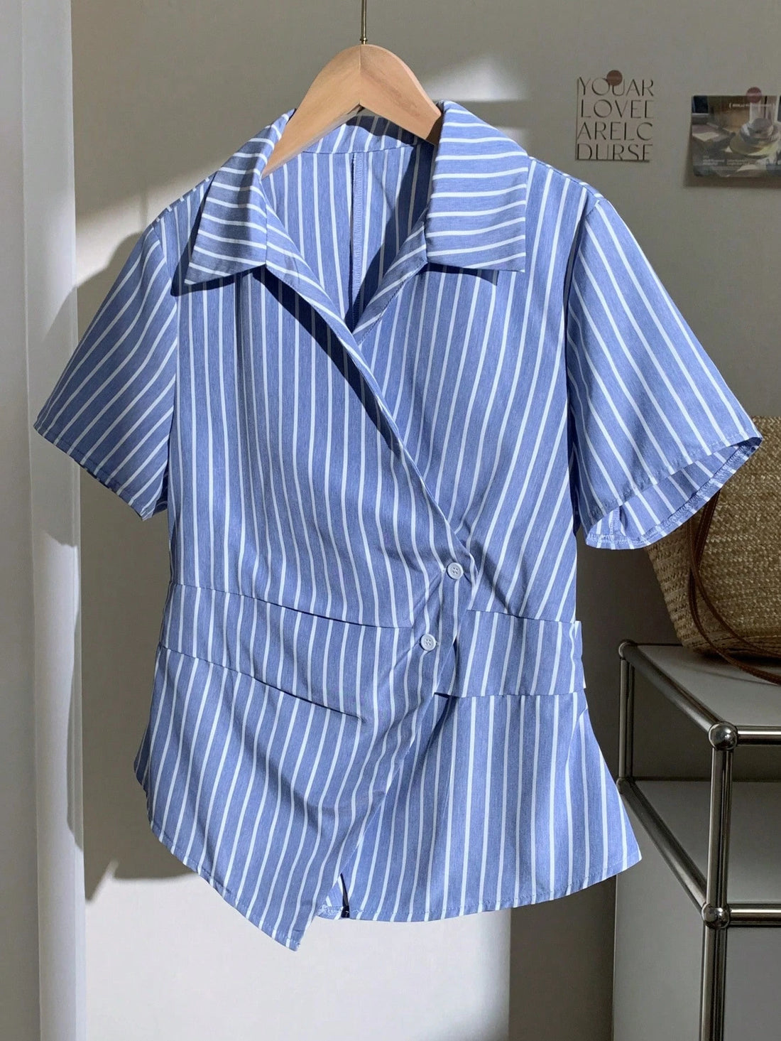 Blue & White Vertical Stripe Wrap Shirt for Women