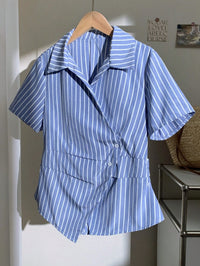 Blue & White Vertical Stripe Wrap Shirt for Women
