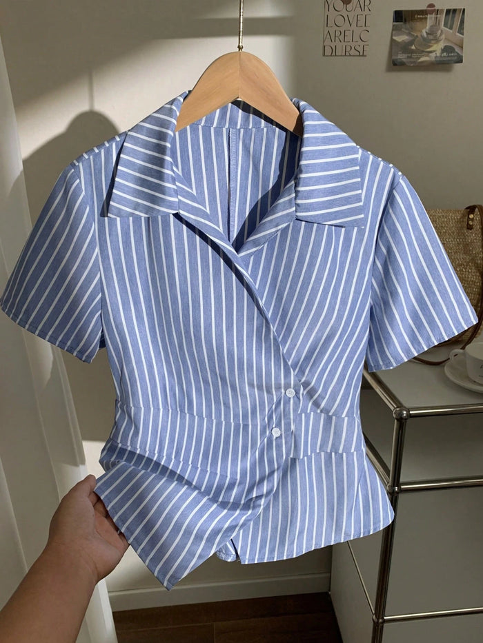 Blue & White Vertical Stripe Wrap Shirt for Women