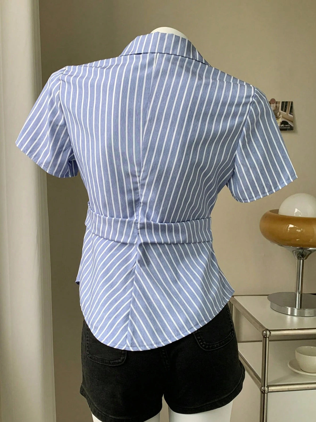 Blue & White Vertical Stripe Wrap Shirt for Women