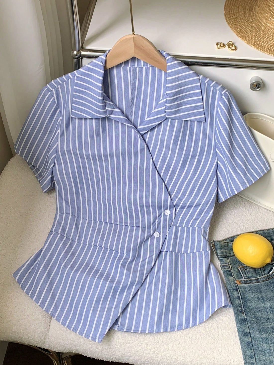 Blue & White Vertical Stripe Wrap Shirt for Women