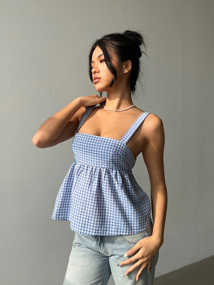Blue Gingham Back Tie Peplum Cami Top for Women